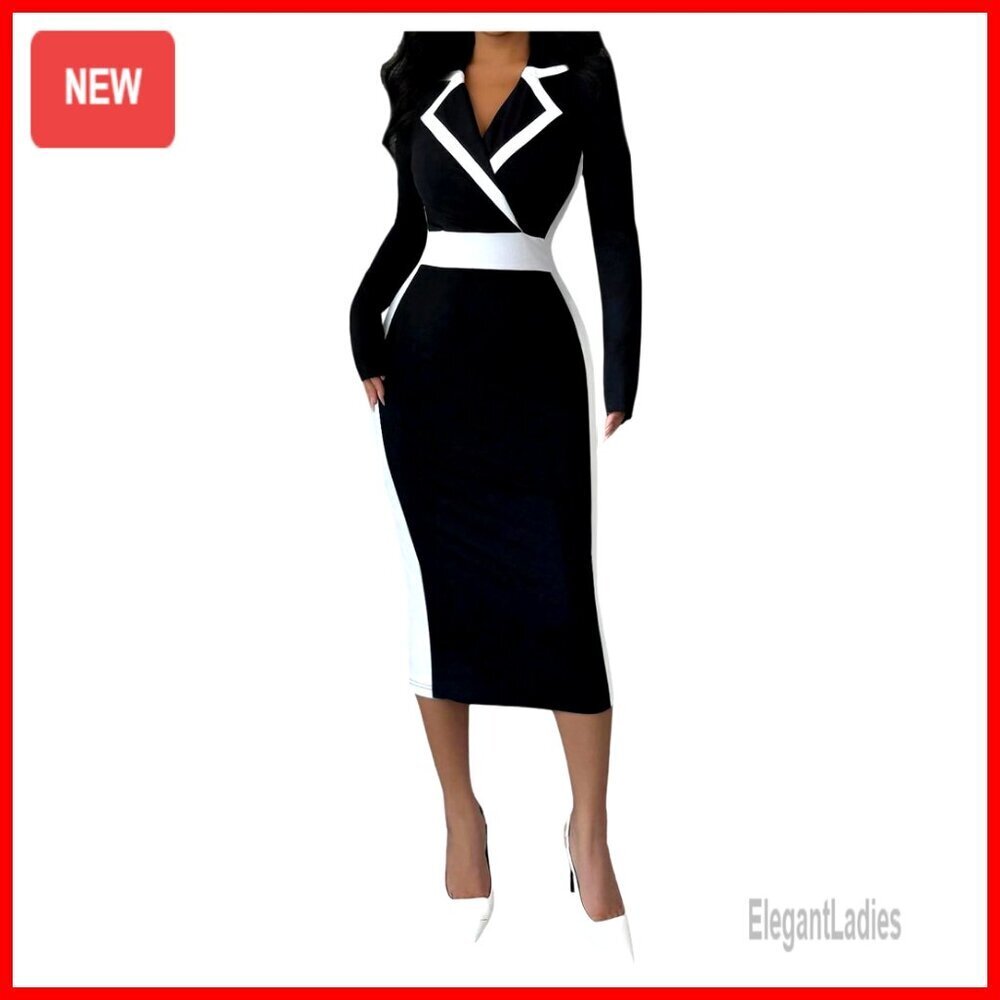 Bodycon Midi Dress Long Sleeve Wrap Collar Work Office Slim Fit